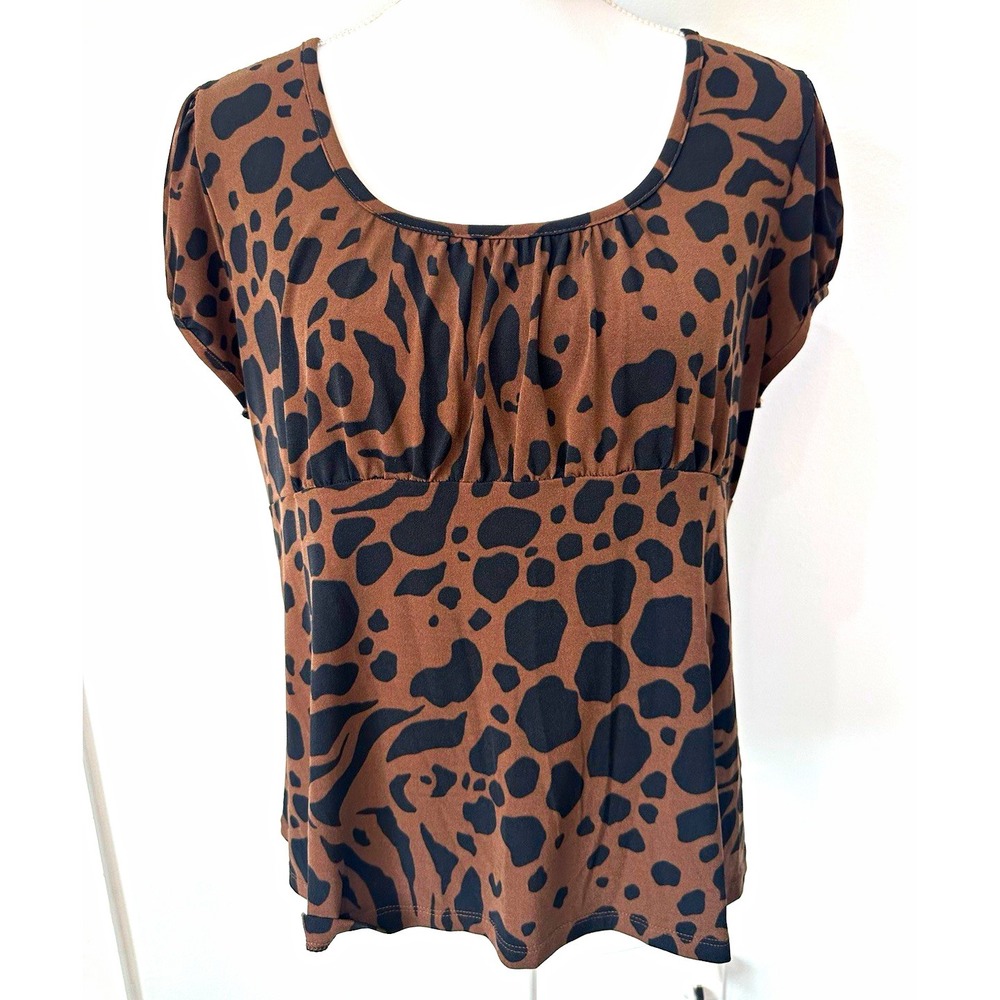 Cato Women's L Brown/Black Animal Print Cap Sleeve Scoop Neck Knit Blouse